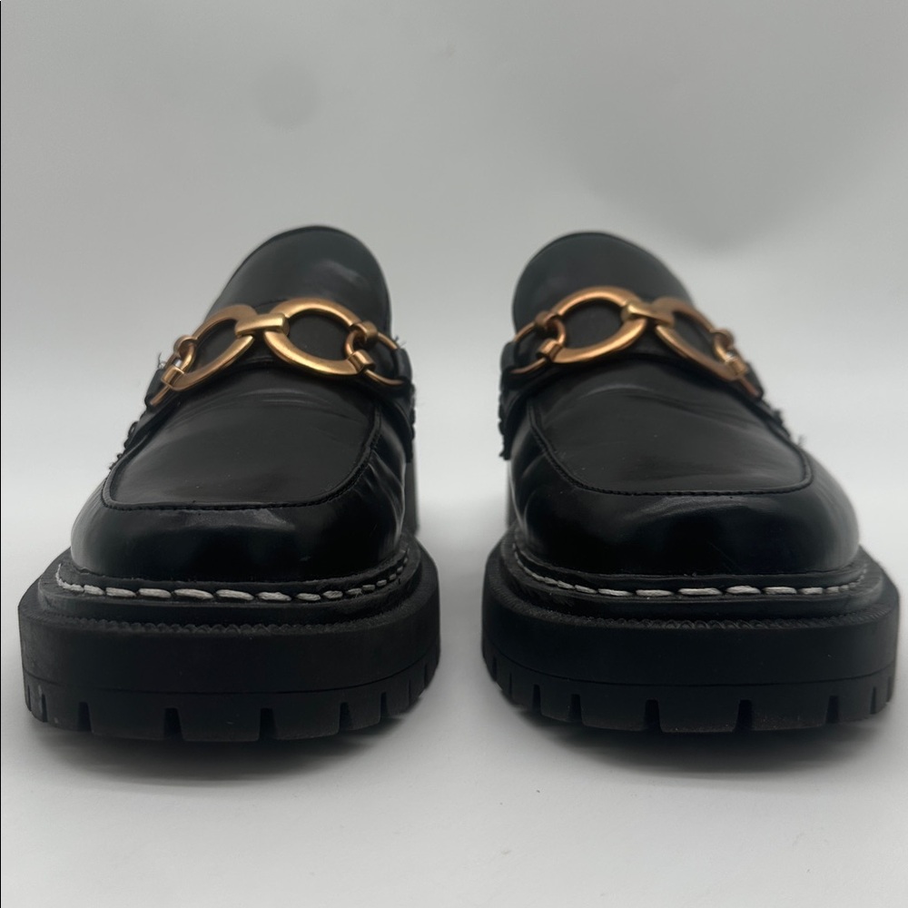 Black Leather Slip-On Mule Loafers with Gold Chain Detail - Picture 7 of 16